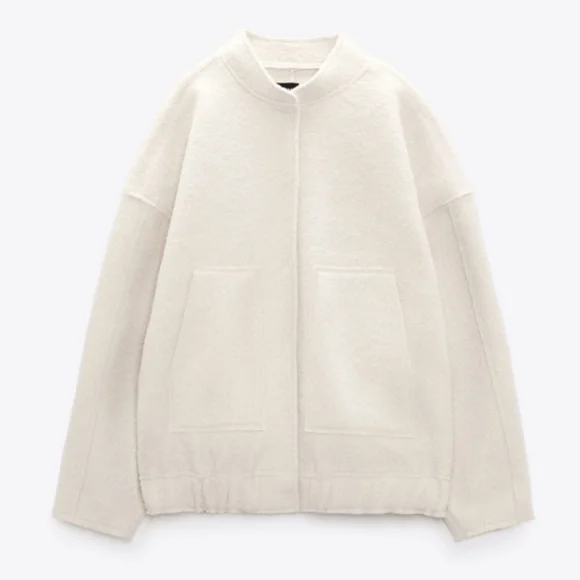 Zara Viral Oversized Bomber Jacket with Pockets Cream/Ecru Boucle - Picture 15 of 16